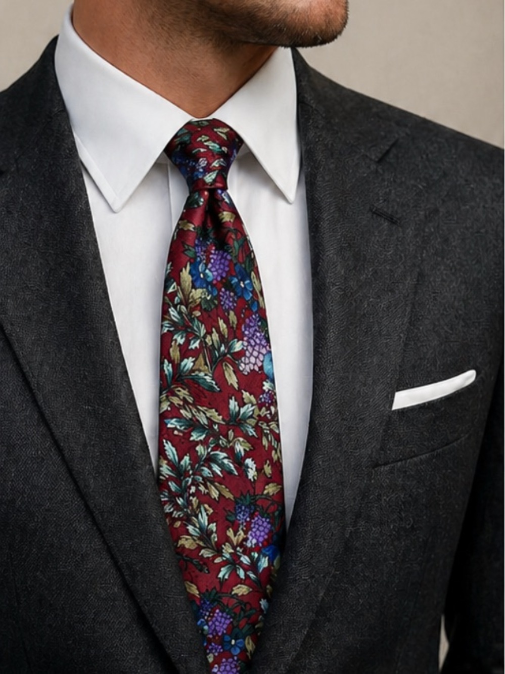 Christian Dior Men’s Burgundy Silk Floral Grape Printed Tie